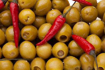 Image showing Pattern with olives and chili pepper