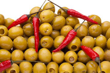 Image showing Pile of olives with red chili pepper