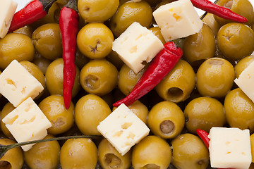 Image showing Olives, chili pepper and sheep cheese