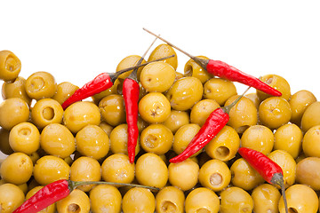 Image showing Olives with red chili pepper