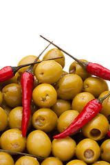 Image showing Many olives and pepper