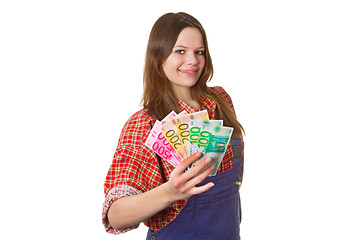 Image showing Craftswoman with euro banknotes