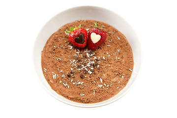 Image showing Chocolate mousse with two strawberries