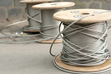 Image showing Spools of unused steel wire