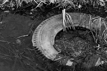Image showing Large truck tire dumped in the water in black and white