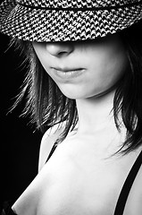 Image showing Beautiful girl in sylish hat in black and white