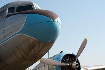 Image showing Close up view of a vintage propeller airplane