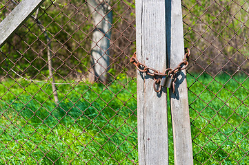 Image showing Padlock on wooden fence with brigh green grass in background