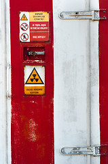 Image showing Closed Door of a nuclear facility with signs on it