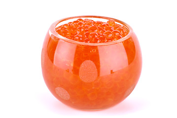 Image showing Glass bowl filled with red salmon caviar