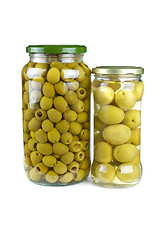 Image showing Glass jars with pitted and giant green olives