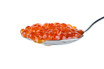 Image showing Small metal spoon filled with salmon caviar