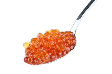 Image showing Small metal spoon filled with red salmon caviar