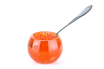 Image showing Glass bowl filled with red salmon caviar and small metal spoon