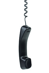 Image showing Black phone handset hanging on cord