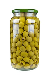 Image showing Glass jar with pitted green olives