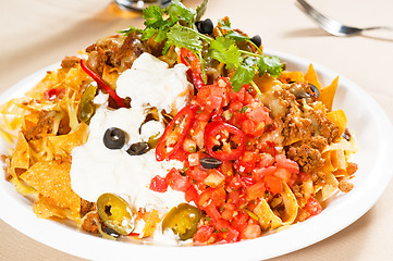 Image showing fresh nachos and vegetable salad with meat