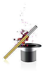 Image showing Beautiful vector magic background with wand and hat