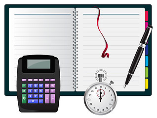 Image showing Vector note with calculator, pen and stopwatch