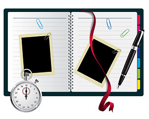 Image showing Stopwatch, paperclips, notebook with bookmark