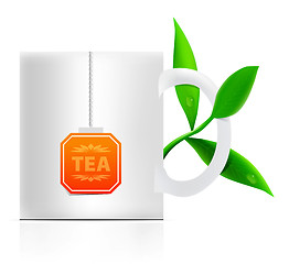 Image showing vector tea mug with teabag label and leaves