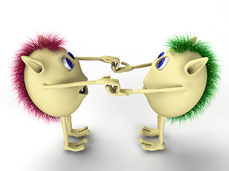 Image showing 3d two character puppets holding each other