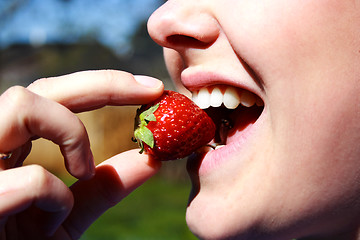 Image showing face of the  woman eating a strawberry