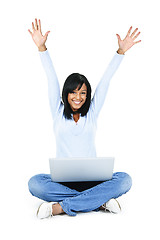 Image showing Happy woman with computer rasing arms