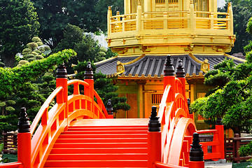 Image showing oriental golden pavilion of Chi Lin Nunnery and Chinese garden, 