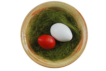 Image showing two eggs in a plate with green grass