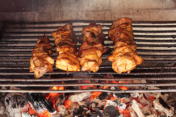 Image showing four roasted tasty meat on garden grill