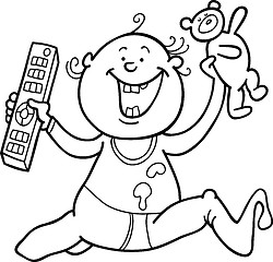 Image showing boy with remote control and teddy bear for coloring book