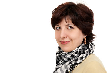Image showing portrait of a woman forty years in a checkered scarf