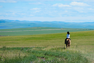 Image showing Riding horse in grassland