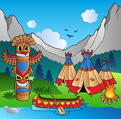 Image showing Indian village with totem and canoe