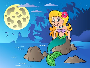 Image showing Night seascape with cartoon mermaid