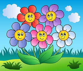 Image showing Five cartoon flowers on meadow