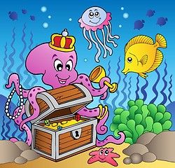 Image showing Cartoon octopus on treasure chest
