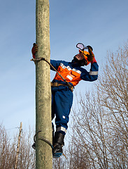 Image showing Electrician on a pole