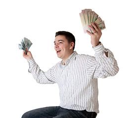 Image showing Happy young man won a large sum of money