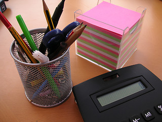 Image showing pens paper and calculator