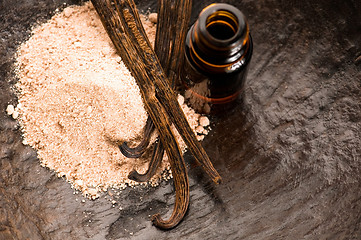 Image showing Vanilla With Bottle Of Essential Oil And Powder- Beauty Treatmen