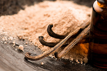 Image showing Vanilla With Bottle Of Essential Oil And Powder- Beauty Treatmen