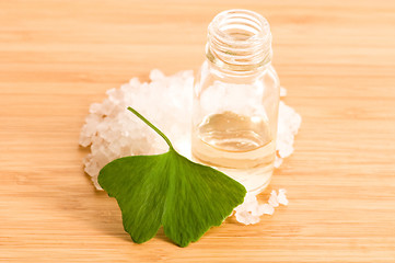 Image showing fresh leaves ginko biloba essential oil and sea salt - beauty tr