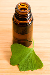 Image showing ginko biloba essential oil with fresh leaves - beauty treatment