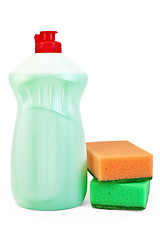 Image showing Bottle of detergent and sponges