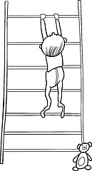 Image showing baby boy climbing on bookcase for coloring book