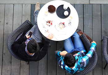 Image showing Aerial view of two man talking