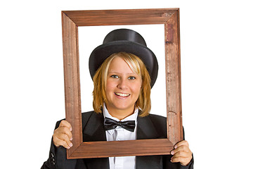 Image showing Woman with wooden frame