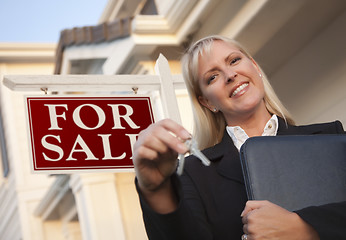 Image showing Real Estate Agent with Keys in Front of Sign and House